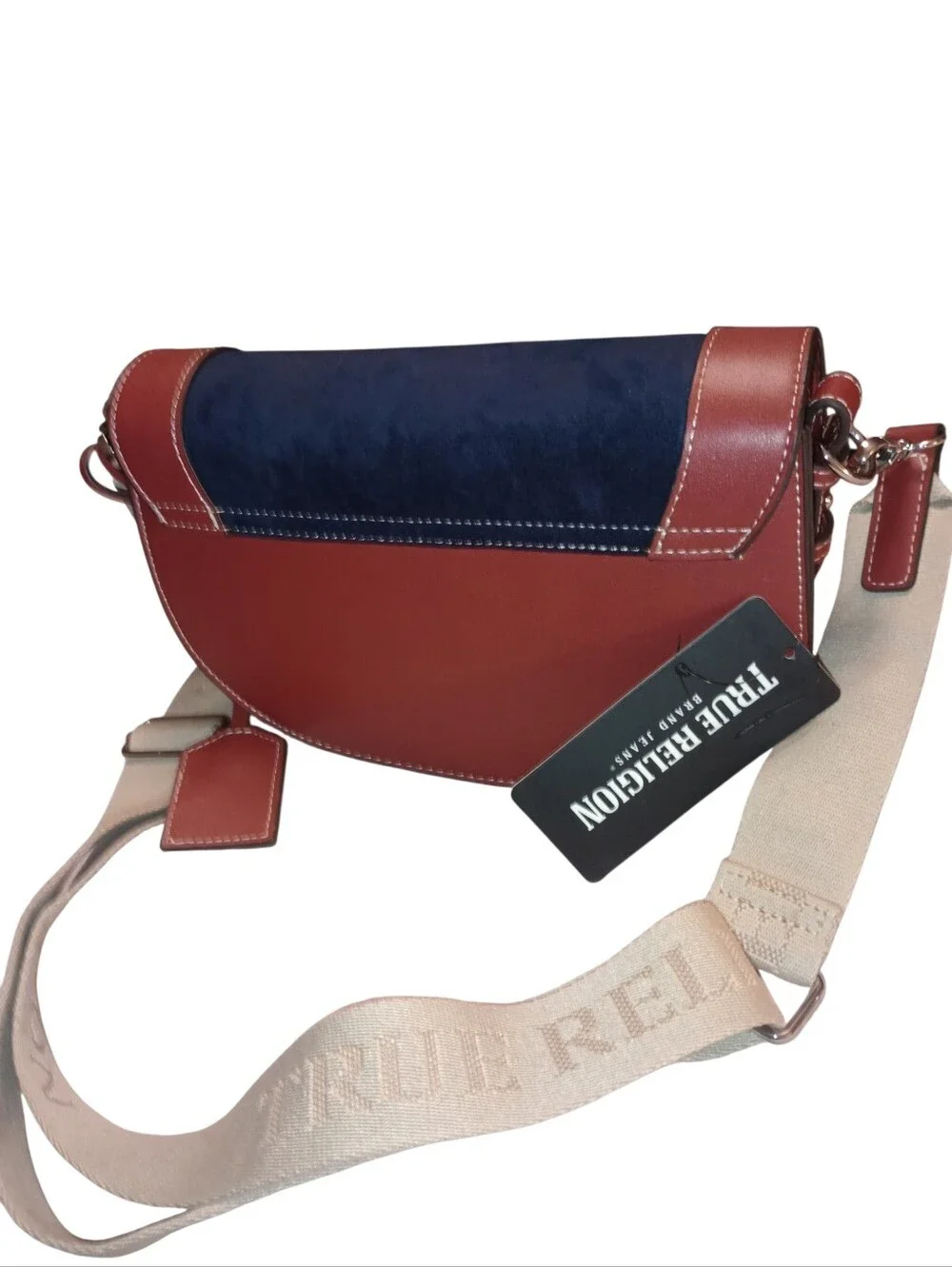 True Religion Navy Suede and Red Leather Crossbody with Beige Strap, NWT